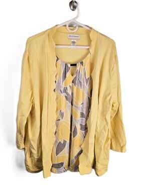 Alfred Dunner Womens Top 2X Yellow Floral Attached Cardigan Long Sleeves Scallop